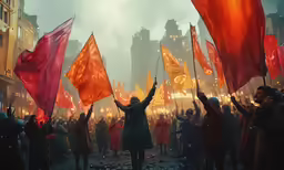 people waving red and yellow flags in the middle of a city