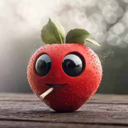 a smiley straw apple is smoking a cigarette with eyes on it