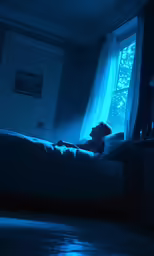 a man laying in bed under a window at night