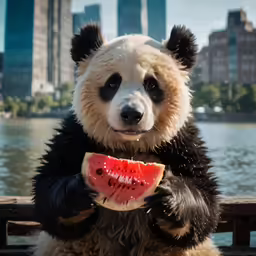 a panda bear that is sitting down holding a slice of watermelon
