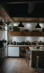 a kitchen with white cabinets and black pendant lights