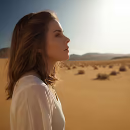 woman with long hair standing in desert at sunset