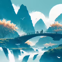 a couple is standing on a bridge over a mountain