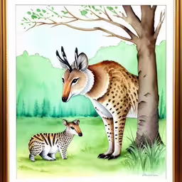 a painting of a deer and her baby standing next to each other