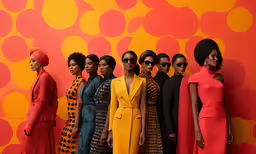 an image of a runway group in brightly colored dresses