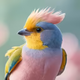 a close up photo of a colorful bird with a pink mohawk on its head