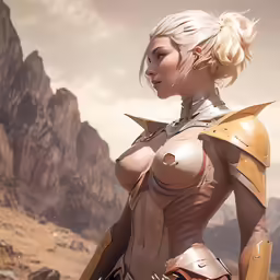 a futuristic woman with large breast stands in front of a desert backdrop