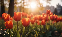 tulips of various colors in the sunlight near some trees