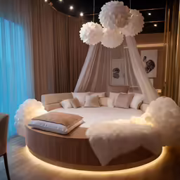 circular bed in a modern room with soft lighting