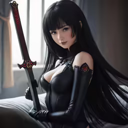 a girl in black outfit with a sword sitting on a bed