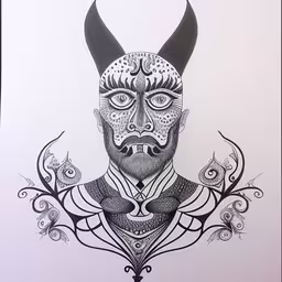there is a drawing of a person with horns,a man with horned horns and a beard
