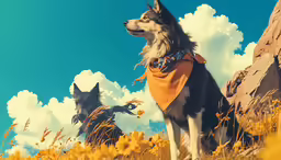 a wolf in an orange cloak standing on top of a grass covered hill