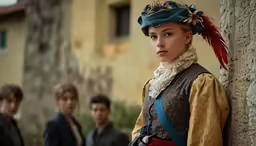 a girl dressed in renaissance dress and a headdress stands next to a man standing next to her