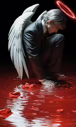 an angel with wings in water with a circular red ring