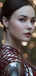 the face and neck of a beautiful woman wearing an open shirt