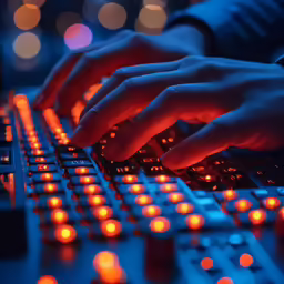person typing on a keyboard with orange and red lights