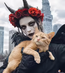 a woman holding an orange cat with long horns and a fake headdress