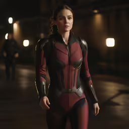 a woman in a costume looks back while walking