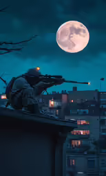 the silhouette of a man on the roof of a building is shown with a full moon in the sky