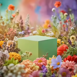a box is sitting amongst flowers in a field