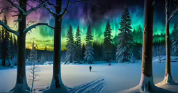 an aurora lights show above the snow covered forest