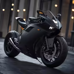 black motorcycle parked in front of some windows