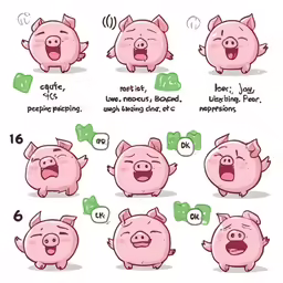 cartoon pig character and expressions with a piggy character to each