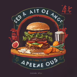 a sign that reads eat a at an angle with a burger and a drink,a painting of a burger and some drinks