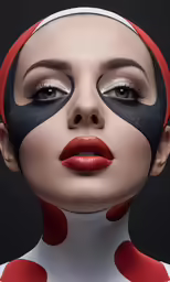 a woman wearing polka dot print makeup and red lips