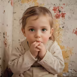 the young girl is posing in front of the wall with her hands together