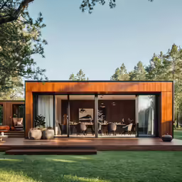 there is a living area with large glass windows