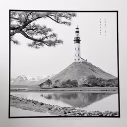 a lighthouse sitting on top of a sandy beach near a lake