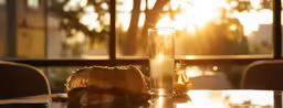 the table is in front of an open window with a view