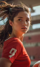 an attractive young woman wearing a red shirt and holding a basketball