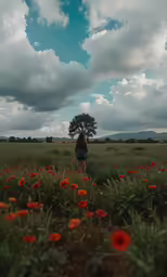 a field with orange and green flowers in the foreground