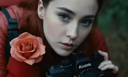 a close up of a person holding a camera near a rose