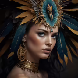 a woman in an artistic photograph with feather headpiece