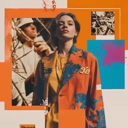 an advertisement for a show of modern art with a woman standing in front of an orange and blue background
