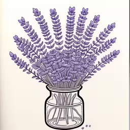 purple flowers in a glass vase with water and bubbles,the bouquet of lavender flowers is in a vase,purple flowers in a vase painted on paper,a vase filled with purple flowers on top of a table,the lavenders are still on the vase