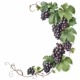 an artistic border of black grapes and green leaves