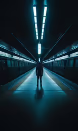 a person walking through a dark and empty subway