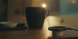 an electrical device sitting on a table near a cup of coffee