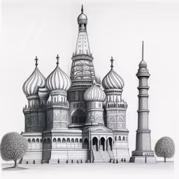 an illustration of a church with domes and trees