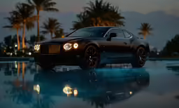 a luxury sports car is parked on a wet surface