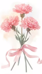 pink flowers tied with ribbons on a white background