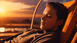 a young woman with eyes closed is sitting on a beach chair,the young woman rests in an orange chair