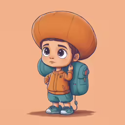 the small boy with a large hat has backpack