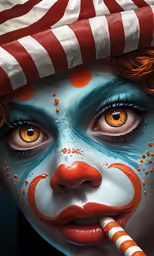 a close up of a clown with a red nose and white makeup