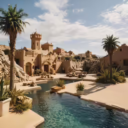 a view of a small hotel surrounded by a desert like landscape