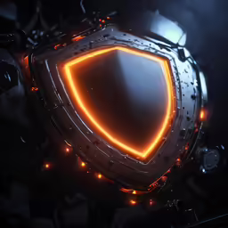 glowing shield logo in dark background